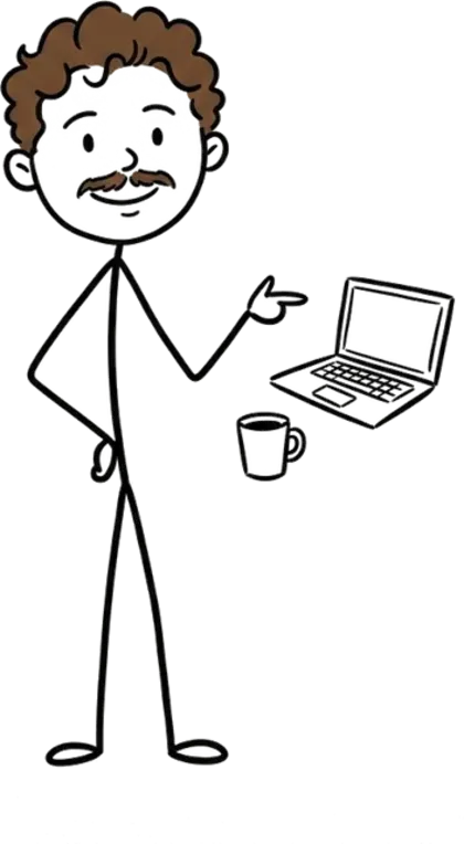 Tsvetan as a stick figure, pointing at a laptop next to a coffee